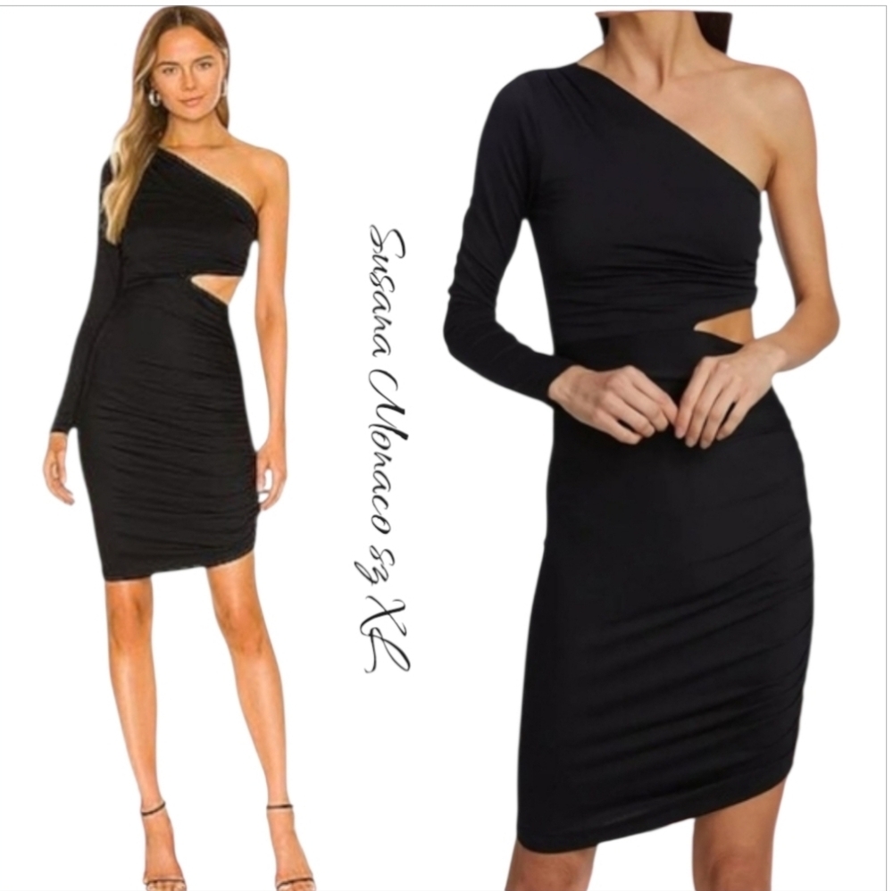 NWT Susana Monaco Black One Shoulder Ruched Cut Out Mini Dress XL
